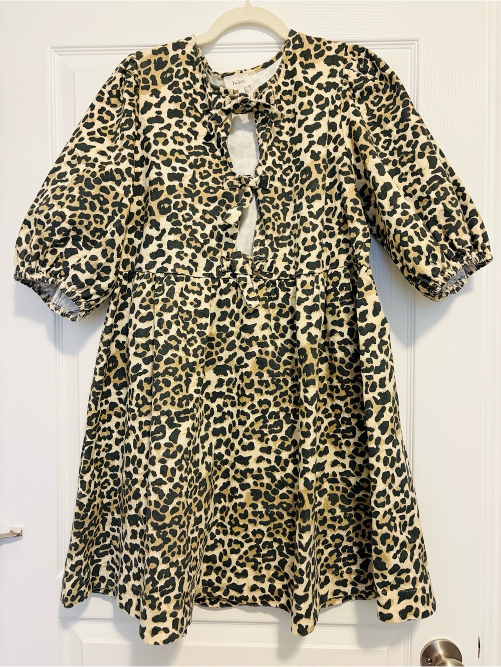 bohme Leopard Print Puff Sleeve Dress in Beige and Black